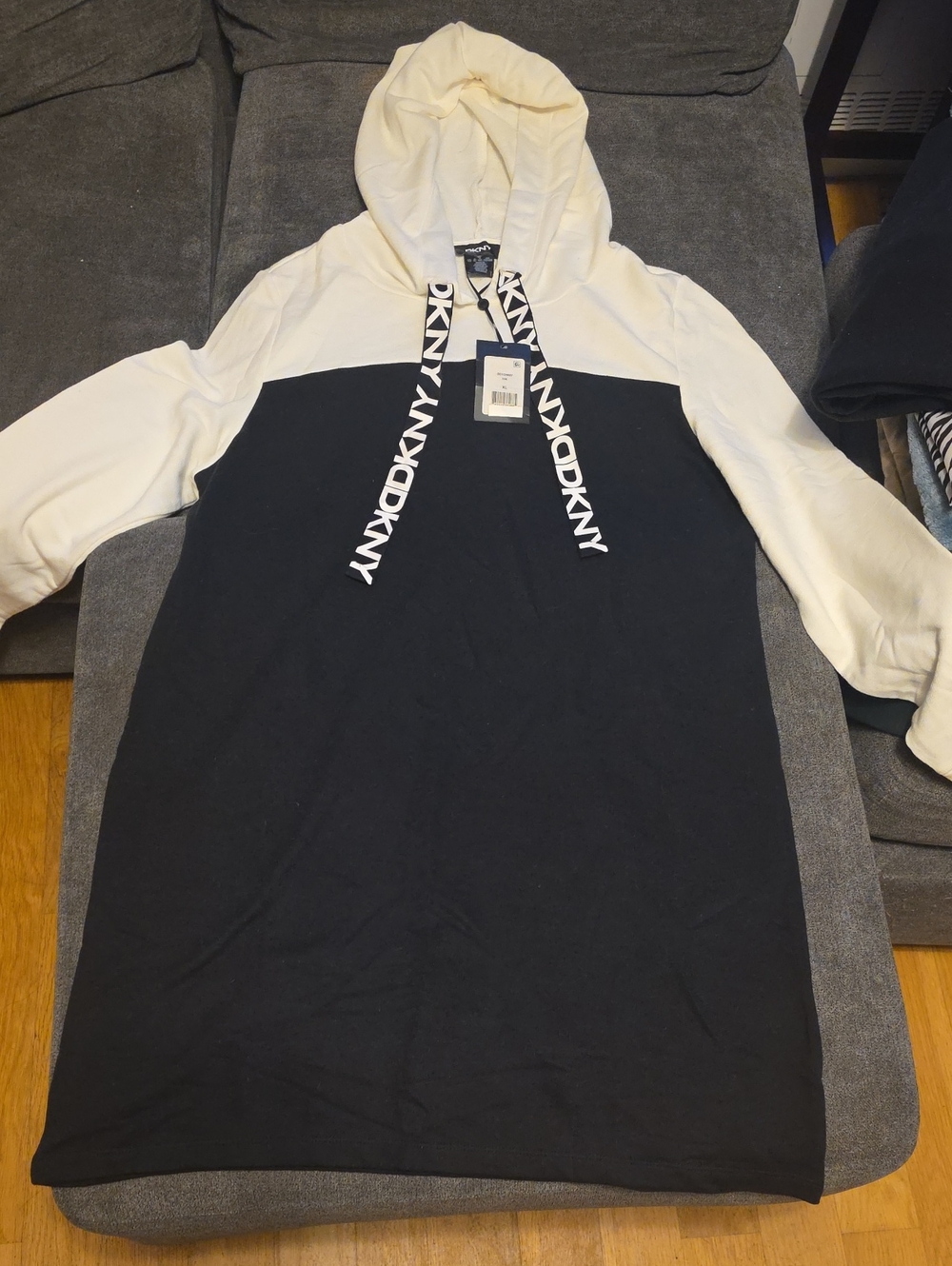 DKNY Women  XL Black and Cream Colorblock  Hooded Sweater Dress